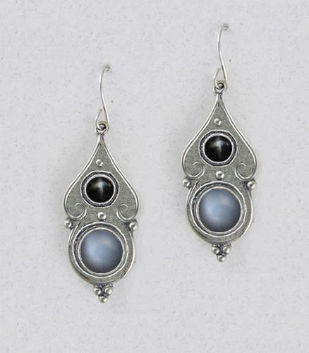 Sterling Silver Gothic Look With Grey Moonstone And Black Star Gemstone Drop Dangle Earrings